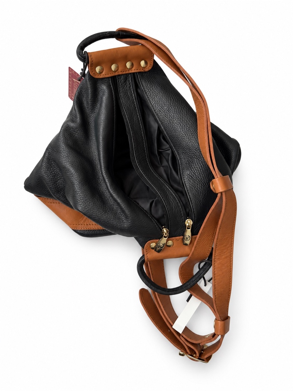 Valentina Italian Leather Convertible Backpack Bag Black Cognac NWT